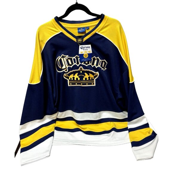 Corona Extra Beer Hockey Jersey Men's XL Long Sleeve Blue White and Yellow, New - Picture 1 of 9